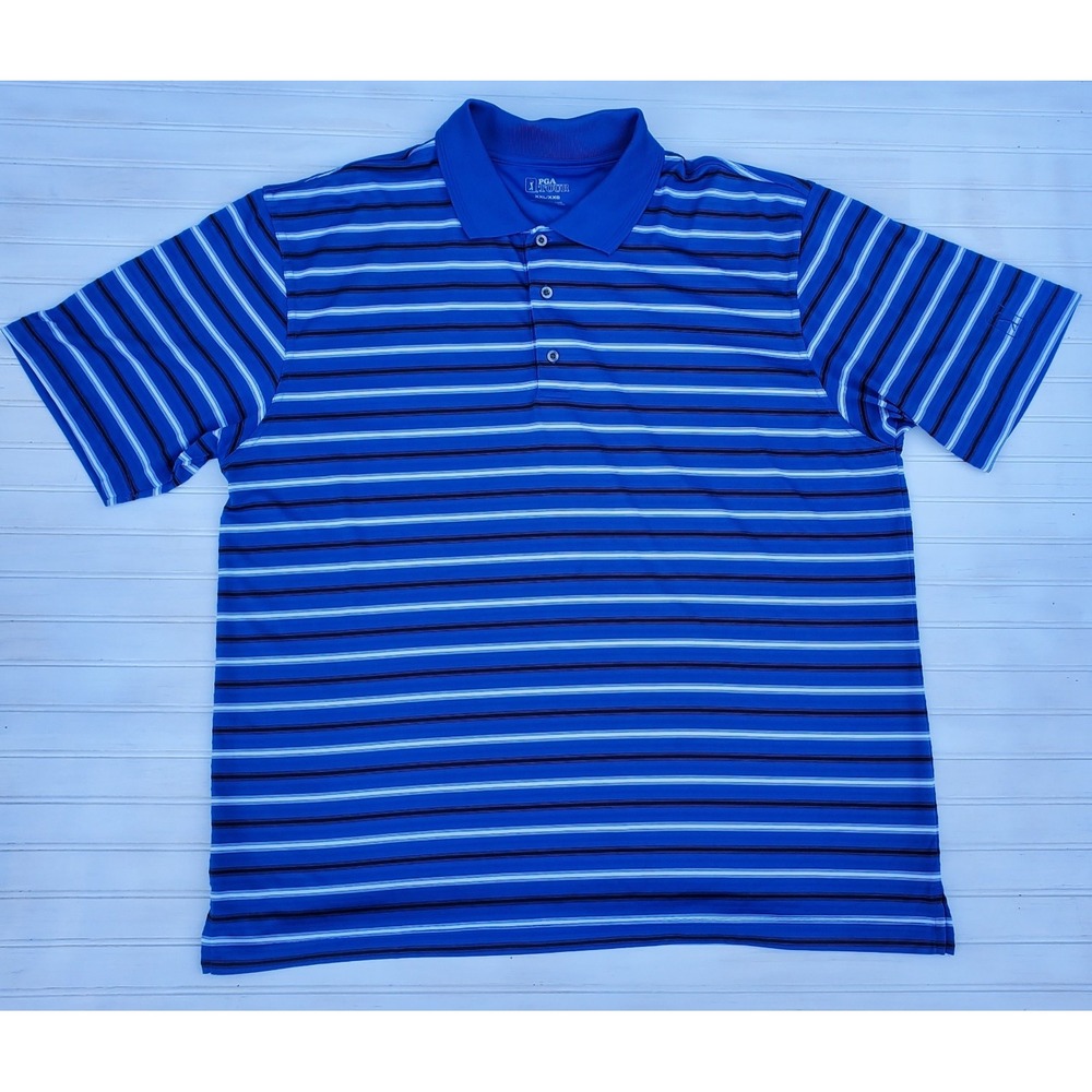 PGA‎ Tour Golf Short Sleeve Athletic Men's Polo Shirt Blue Stripe Size XXL 2XL